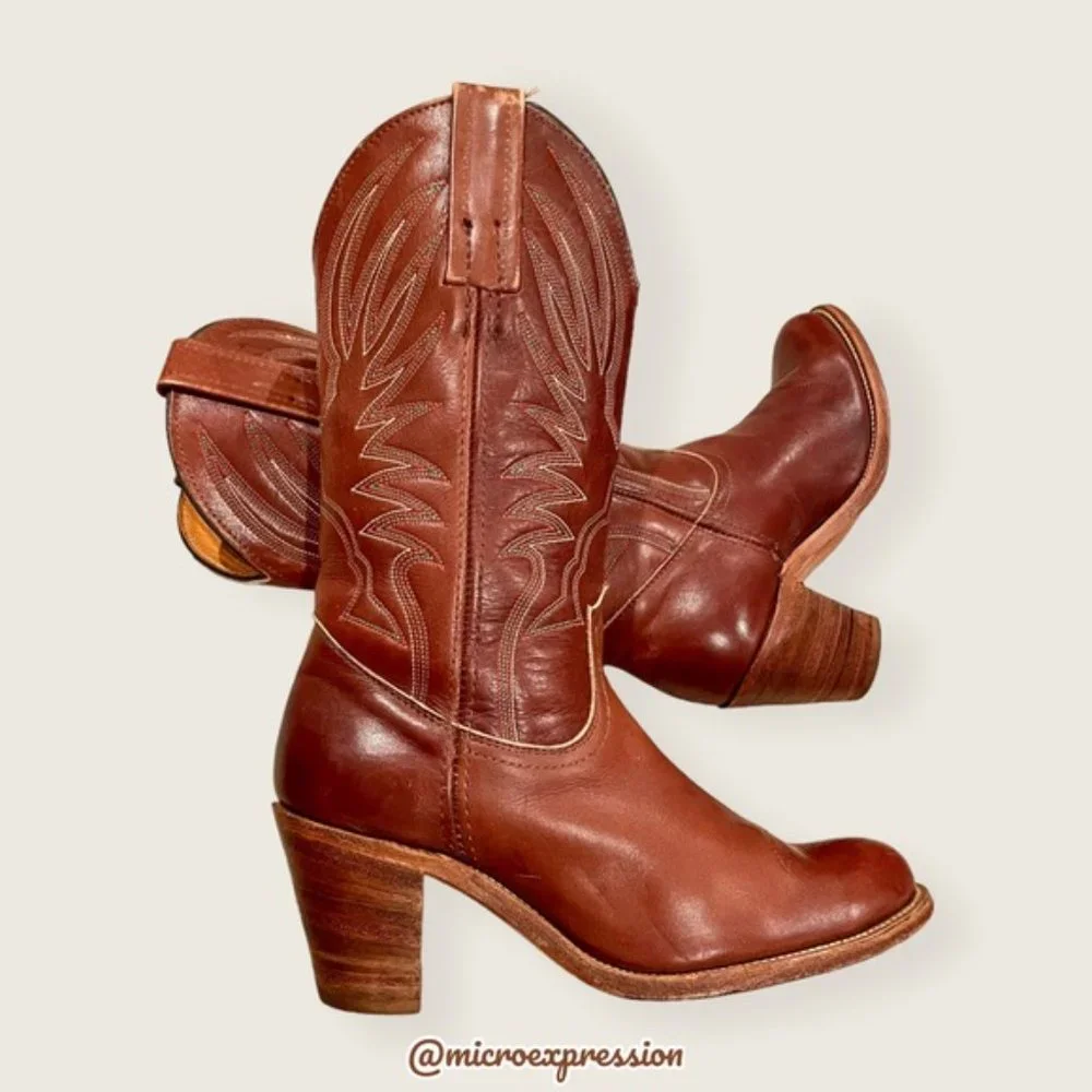 1990s VINTAGE Frye Billy Pull-On Cognac Leather Embroidered Festival Cowboy Boot